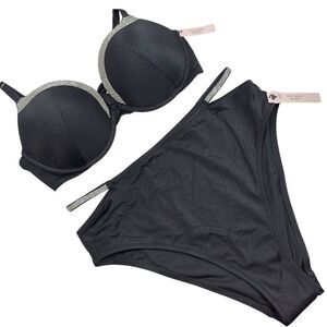 NWT VS BLING PUSH UP TOP 36D & STRAPPY BLING HIGH WAIST CHEEKY BIKINI SWIMSUIT L